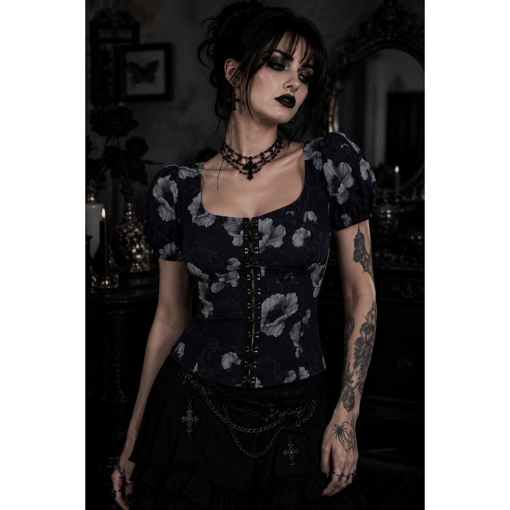 Killstar Lupina Top Blk White Whimsygoth Corset Blouse L Romantic Feminine Fairy